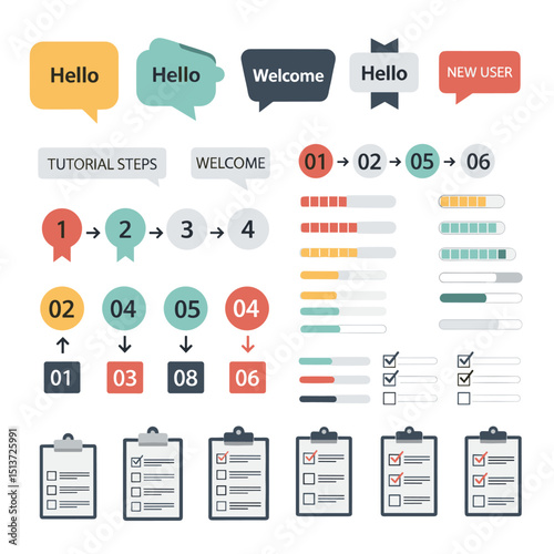 Communication and Information: A vibrant collection of speech bubbles, progress bars, checklists, and numbered icons, all meticulously designed to illustrate ideas and guide user interface.