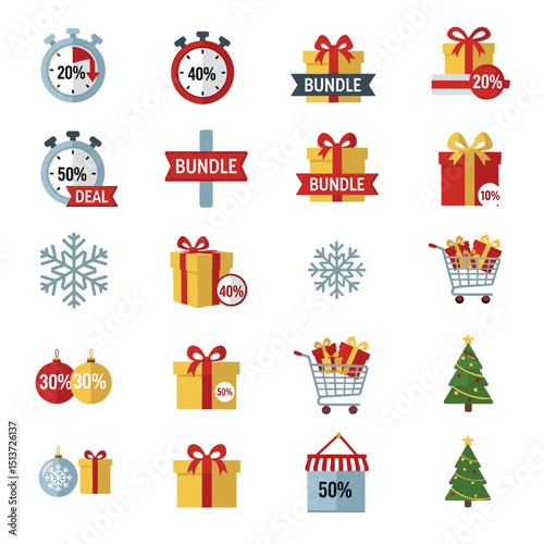 Festive Sales Collection: A visually striking array of festive elements, showcasing diverse gift boxes, holiday ornaments, deal tags, and a shopping cart, all arranged for sales promotions.