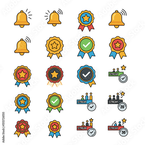 Notification and Achievement Icons: A vibrant collection of flat design icons representing notifications, achievements, and winning streaks, perfect for app interfaces, websites, and presentations. 