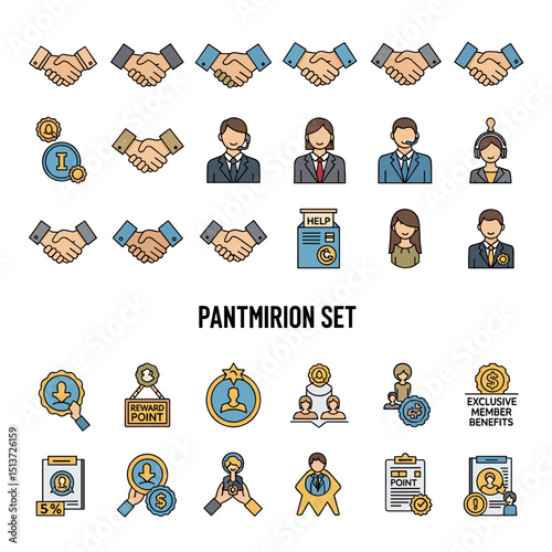 Business Icons Set: Illustrative collection of business icons, showcasing various elements of commerce, interaction, and customer service in a visually cohesive design. 