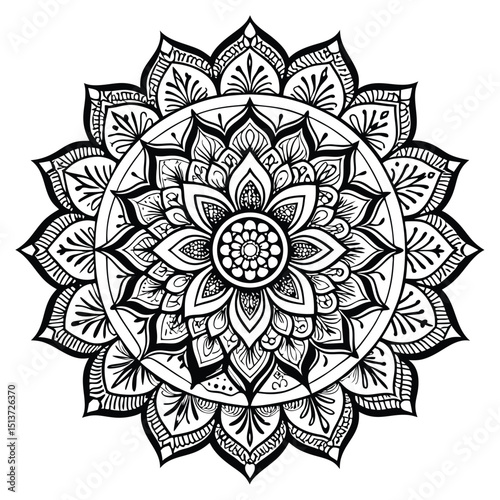 Detailed Floral Mandala Illustration in Black and White for Coloring Pages