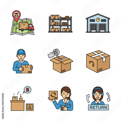 Supply Chain Icons: Illustrative icons capture key aspects of the supply chain and delivery logistics. Conveying concepts of distribution and commerce