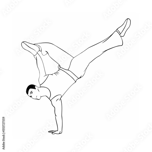Dynamic line art illustration of a male breakdancer performing handstand freeze pose
