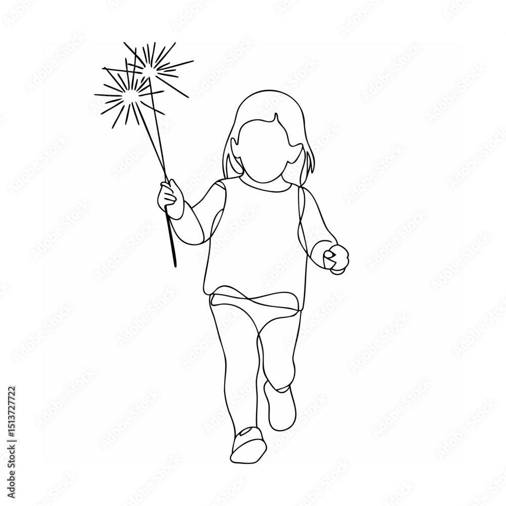 Happy child celebrating holding sparklers depicted in simple black line drawing art