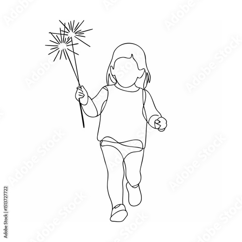 Happy child celebrating holding sparklers depicted in simple black line drawing art
