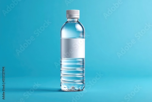 Plastic water bottle with blank label on a solid background.