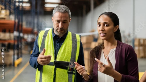 Warehouse Collaboration: A focused woman gestures thoughtfully, engaging in a discussion with a colleague in a vast warehouse setting, the scene illuminated by natural and artificial light.