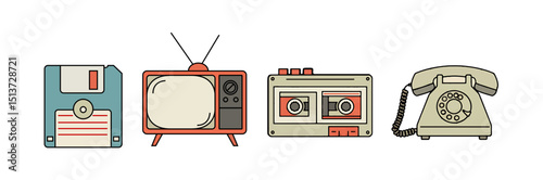 Retro Technology Icons Floppy Disk, TV, Cassette Tape, Rotary Phone