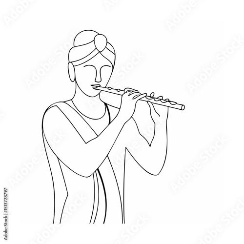Artistic black and white illustration of a musician playing a flute instrument