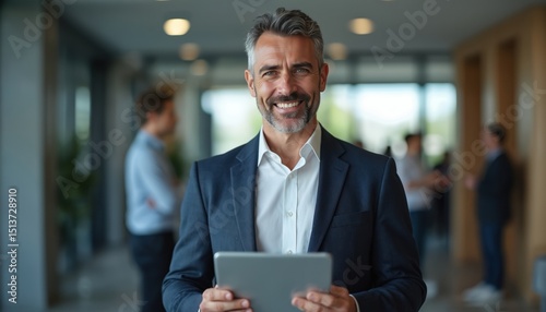 Handsome mid-age businessman with grey hair holds tablet. Smiling professional man in suit. Confident executive looks at camera in modern office space. Technology, business concept.