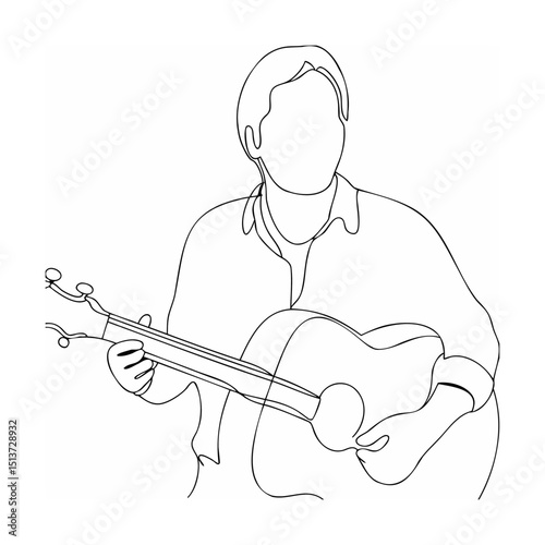 Single line drawing of a person playing acoustic guitar in minimalist style