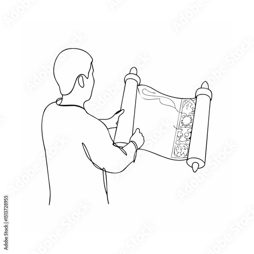 Line drawing illustration of a person reading an ancient scroll manuscript