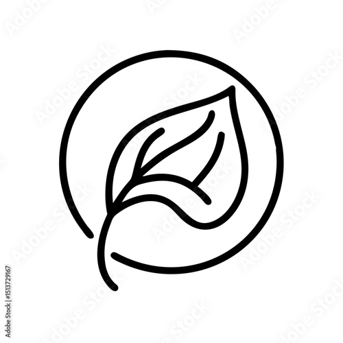 Leaf enclosed in a circular outline icon on transparent background for web and graphic design