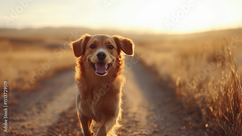 A cheerful golden dog running down a dirt path in a sunlit field, capturing the essence of joy, freedom, and the perfect bond between pets and their owners in nature's beauty.