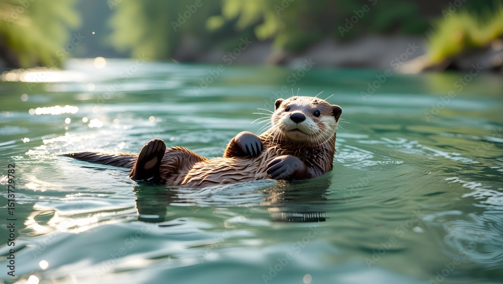 Fototapeta premium Playful Otter Floating in Calm Water, River Wildlife in Action