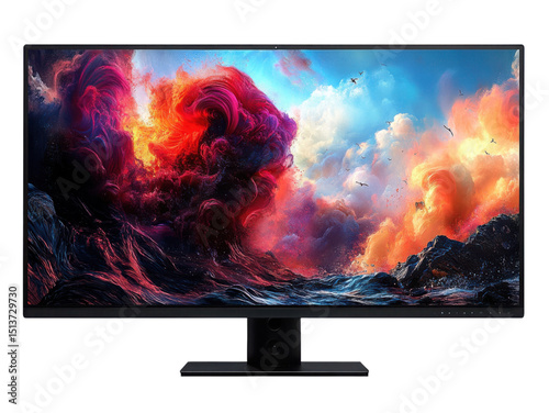 A computer monitor displays a colorful, abstract scene of a stormy ocean