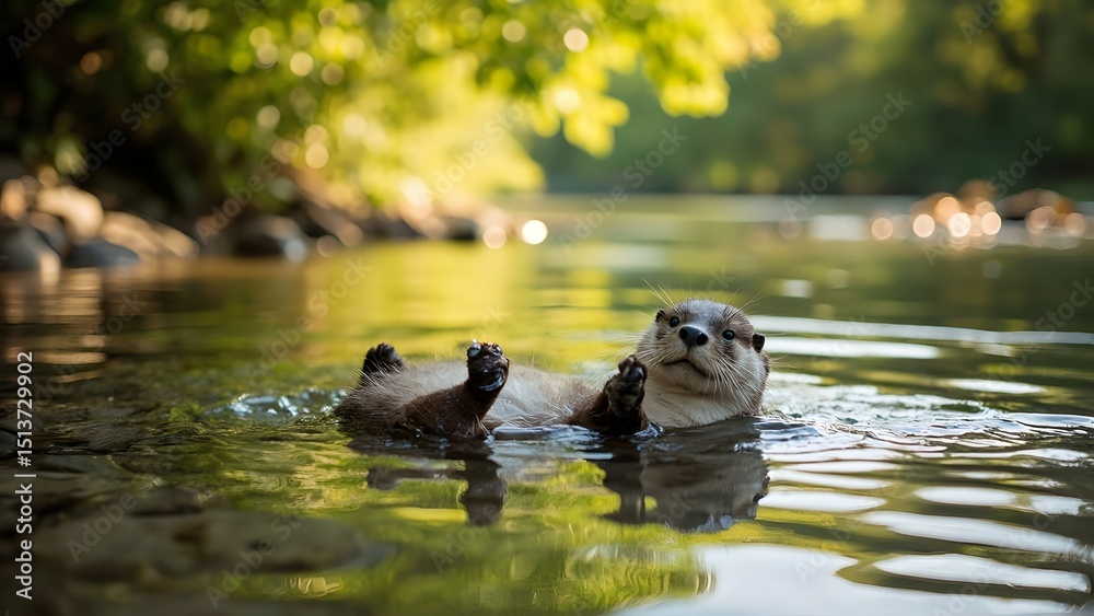 Fototapeta premium Playful Otter Floating in Calm Water, River Wildlife in Action