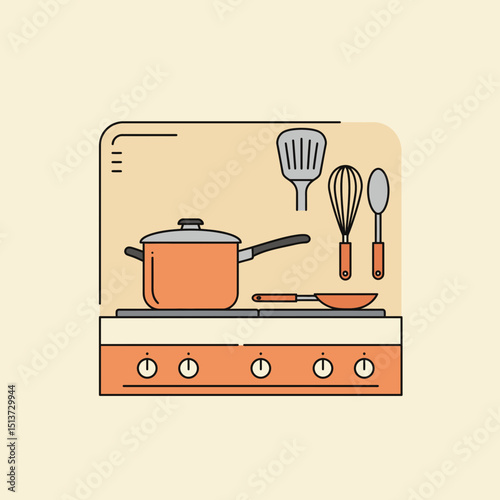 Kitchen stove with cooking pot and utensils in minimalist style  