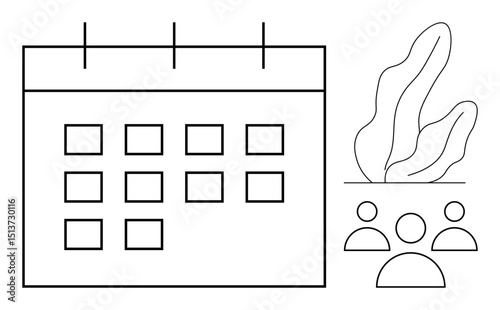 Minimalist calendar layout next to team icons and abstract plant element. Ideal for scheduling, collaboration, productivity, teamwork, event planning, organization, and a simple landing page