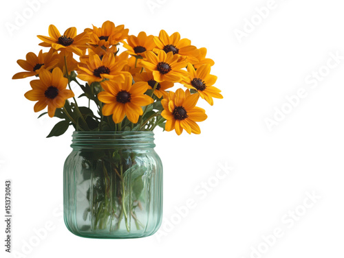A vase of yellow flowers sits on a white background