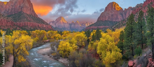 Scenic Autumn Panorama of Zion National Park with River and Mountain Views