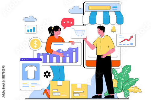 Ecommerce business analytics team analyzing sales data isolated on transparent background
