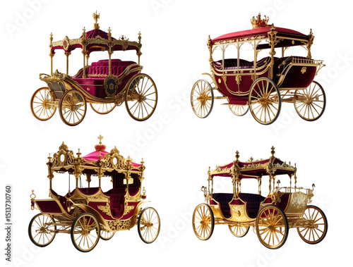 Royal Carriage Collection: A regal ensemble of ornate horse-drawn carriages, resplendent with gilded details and rich crimson upholstery, isolated on transparent background, cut out, png