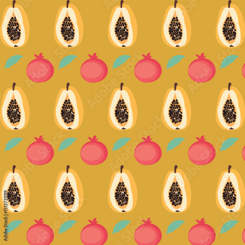 seamless pattern with summer fruits,pattern with papaya,leaf,pomegranate on bright background