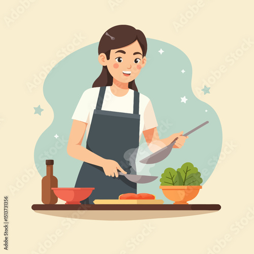Young woman cooking vegetables in kitchen wearing apron and smiling  
