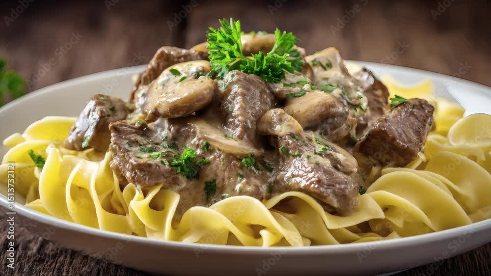 A close-up shot of beef with mushroom gravy served over wide egg noodles, garnished with fresh parsley on a white plate. (zoom out) A close-up shot of beef with mushroom gravy served over wide egg noodles, garnished with fresh parsley on a white plate. (zoom out)