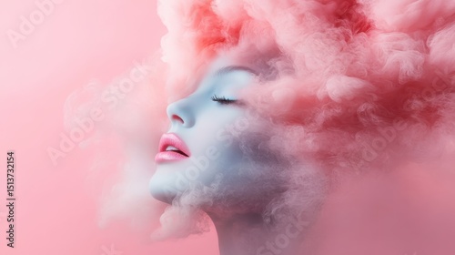This artistic portrait captures a woman with vibrant pink cloud-like hair, against a soft pastel backdrop, evoking a dreamlike quality and a sense of whimsical beauty.