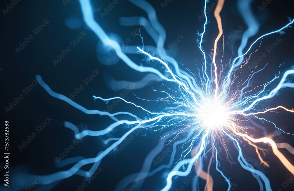 Obraz premium Extreme close-up static electricity spark. Fine energy flow details, crisp white, electric blue colors. Conceptual abstract tech science image for design, education, research.