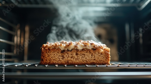 A freshly baked cake in the oven rises beautifully, emanating steam while inviting warmth and comfort, representing the joy and satisfaction of homemade baking experiences.