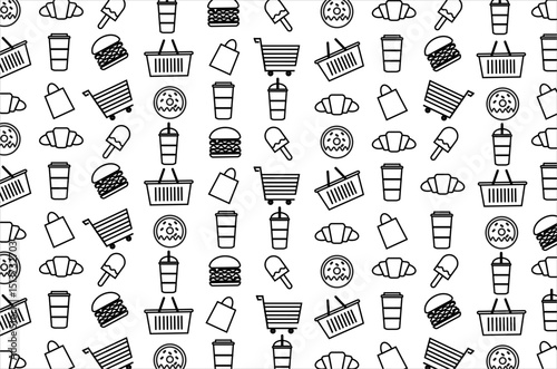 Seamless pattern with repeating fast food icons, fast drinks, shopping bags and cart baskets. Perfect for  merchendise, wallpaper, backdrop, textile, fabric and other commercial needs.