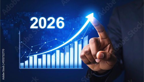 A businessman's hand is pointing at a glowing economic growth chart labelled 2026, showing business strategy, planning, opportunities, and challenges.