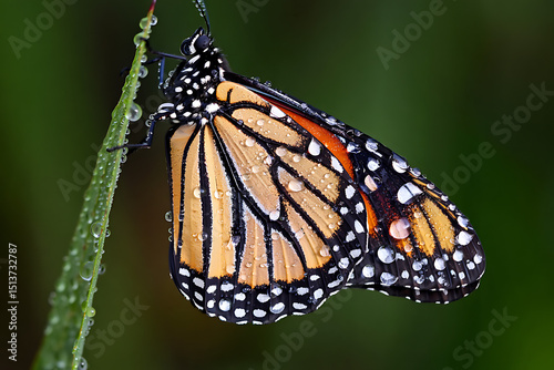 Closeup of a monarch butterfly covered in dew drops on a blade of grass