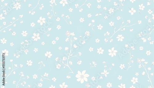 Delicate white botanical silhouettes—flowers, leaves, berries—randomly scattered on a pale blue background, forming a seamless repeat pattern,  light blue background,  art