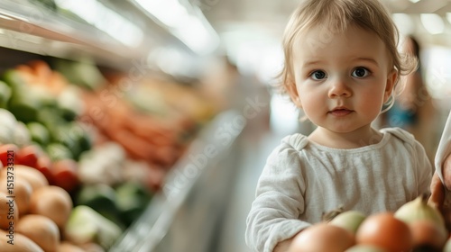 A charming baby gazes innocently while holding apples in a vibrant grocery store, symbolizing health, nourishment, and the joy of childhood discovery.