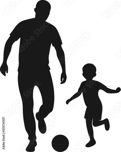 Father and son playing soccer silhouette black and white illustration showing family fun