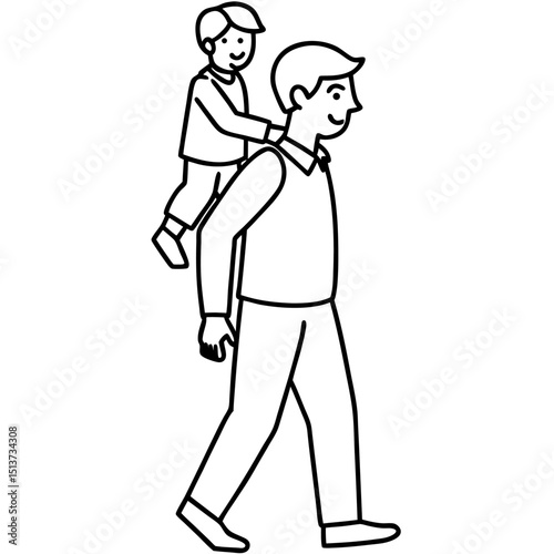 Father carrying son on shoulders in outline illustration of family and childhood
