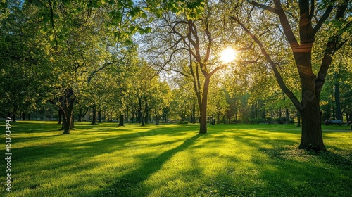 Sunlit meadow, illuminated grass, tree shadows, creating a serene atmosphere