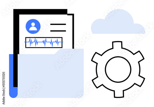 Open folder containing user profile and graph, next to gear and cloud shape. Ideal for data management, cloud storage, technology, settings, organization, system optimization, simple landing page