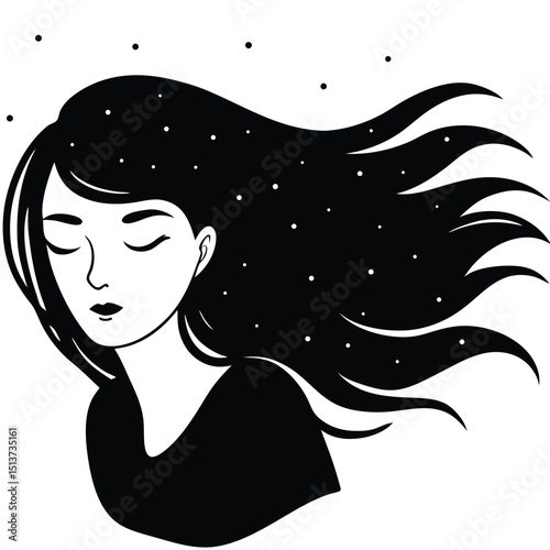 Girl with Long Hair in the Wind – A dramatic scene with long hair blowing in the wind, eyes closed in peace.
