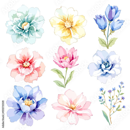 Bright watercolor flower clusters featuring elegant botanical details and balanced natural composition