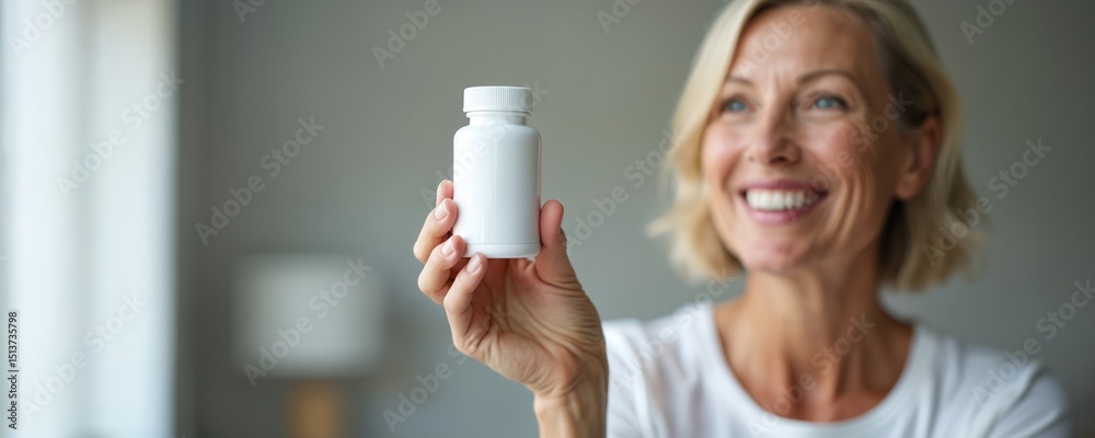Smiling middle-aged woman holding white supplement bottle. Pills drugs concept. Healthcare, beauty, anti-ageing, vitamins, healthy lifestyle. Pharmaceutical over-the-counter medication, wellness. Smiling middle-aged woman holding white supplement bottle. Pills drugs concept. Healthcare, beauty, anti-ageing, vitamins, healthy lifestyle. Pharmaceutical over-the-counter medication, wellness.