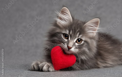 adorable gray kitten holding red heart, perfect for valentine’s day cards, love-themed social media posts, or pet care campaigns photo