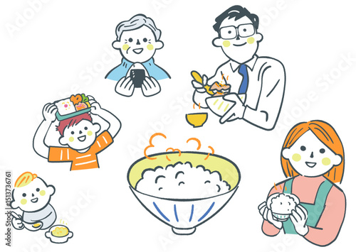 いただきます　炊き立ておいしいご飯をおいしそうに食べる家族　セットのストックイラスト素材
