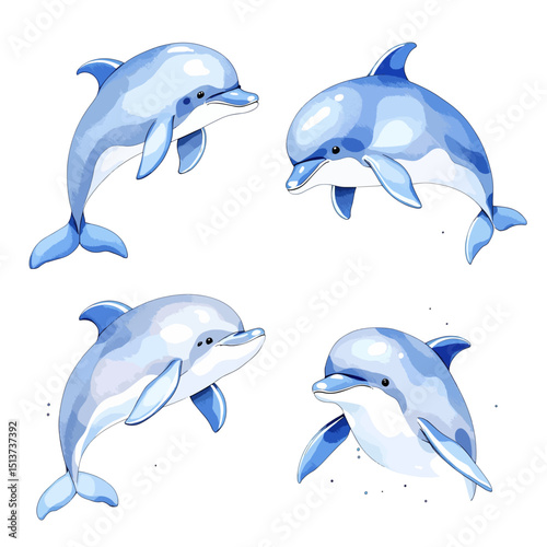 Set of watercolor Blue dolphins on white background, Set dolphins r clipart vector for graphic 