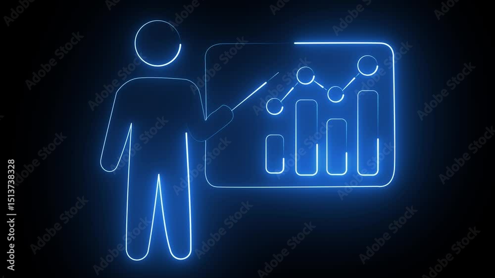 blue color Glowing neon line art animation of man with growing bar graph chart with black background.