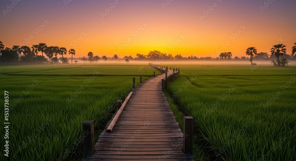 Fototapeta premium Serene Sunrise Over Rice Paddies - Wooden walkway leading through misty rice fields at sunrise, peaceful and tranquil scene